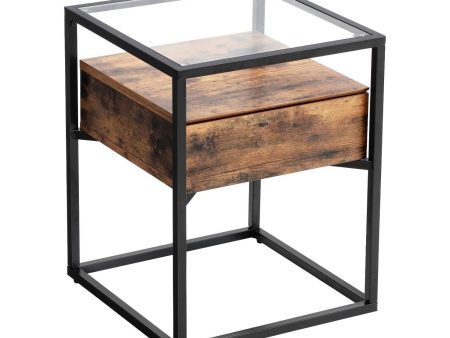 VASAGLE Side Table Tempered Glass End Table with Drawer and Shelf Rustic Brown and Black Discount