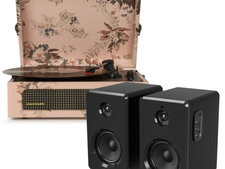 Crosley Voyager Bluetooth Portable Turntable - Floral + Bundled Majority D40 Bluetooth Speakers - Black Online Hot Sale