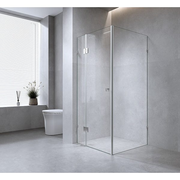 120x90cm Corner Frameless Shower Screen with White Brackets and SS Hinges, Square Double Pull Handle Hot on Sale