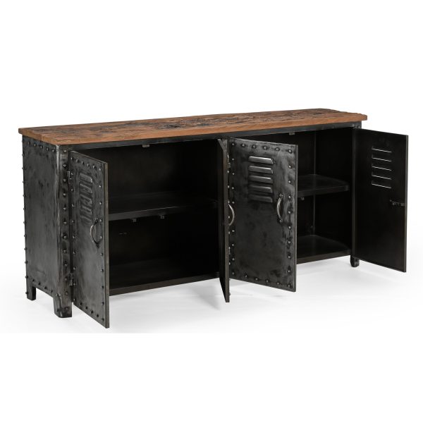 VINTAGE IRON LOCKER SIDEBOARD WITH RECLAIMED RAILWAY SLEEPER WOOD Online now