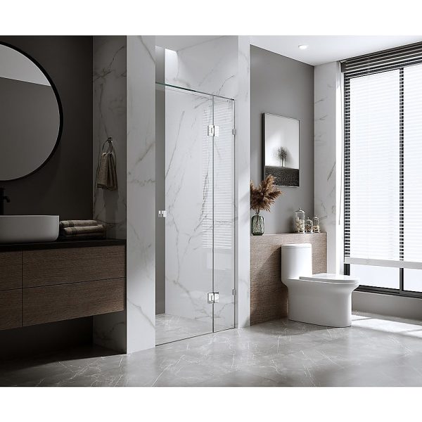 90cm Wall to Wall Frameless Shower Screen with White Brackets and SS Hinges, Square Knob Handle For Sale