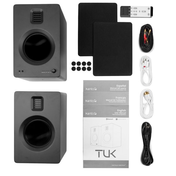 Kanto TUK 260W Powered Bookshelf Speakers with Headphone Out, USB Input, Dedicated Phono Pre-amp, Bluetooth - Pair, Matte Black with SE6 Black Stand Bundle Online now