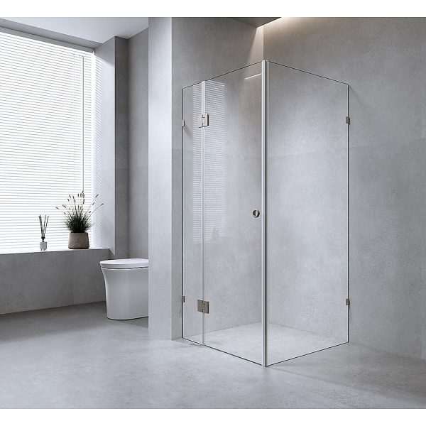 100x90cm Corner Frameless Shower Screen with Chrome Brackets and SS Hinges, Round Handle Supply