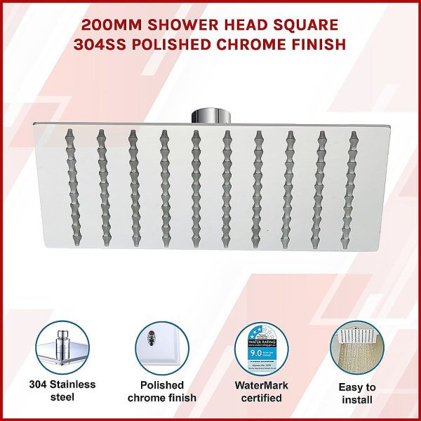 200mm Shower Head Square 304SS Polished Chrome Finish For Sale