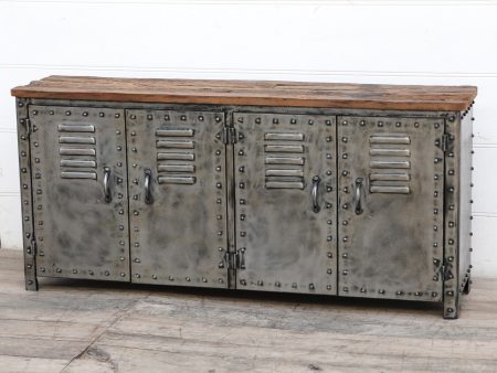 VINTAGE IRON LOCKER SIDEBOARD WITH RECLAIMED RAILWAY SLEEPER WOOD Online now