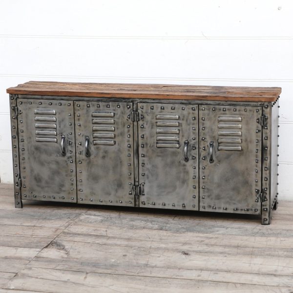 VINTAGE IRON LOCKER SIDEBOARD WITH RECLAIMED RAILWAY SLEEPER WOOD Online now