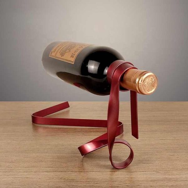 Red Modern Ribbon Wine Bottle Holder - Creative Floating Wine Rack for Home and Bar Décor Fashion