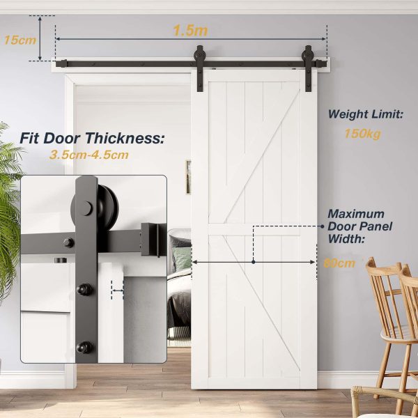 1.5m Heavy Duty Sliding Barn Single Door Hardware Kit Damper Track Rail Roller System Discount