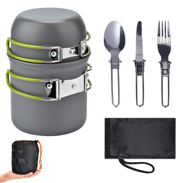 Green And Grey Compact Outdoor Camping Cookware Set with 410 Stainless Steel Utensils For Discount