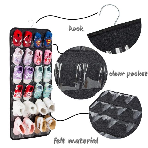 Grey Hanging Felt Shoe Organizer with 24 Clear Pockets - Anti-Rust Metal Hanger Included, Perfect for Shoes, Toys, and Accessories Supply