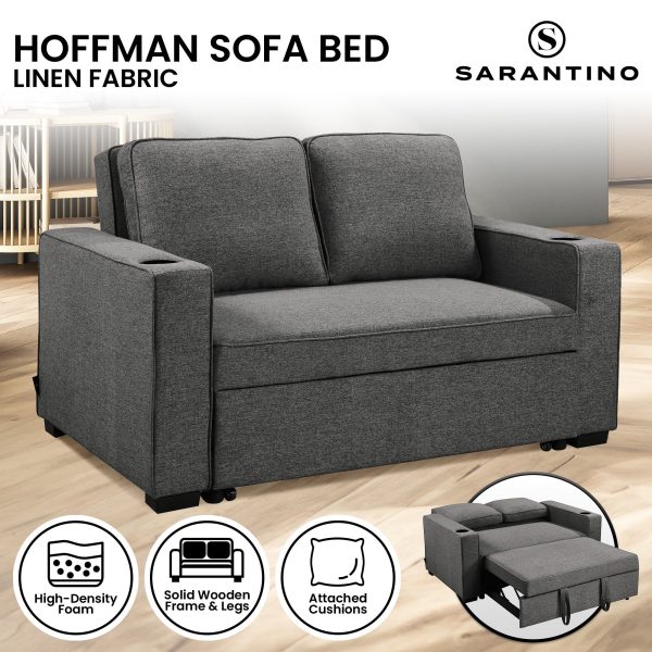 Sarantino Hoffman Linen Dark Grey Convertible Sofa Bed Couch Lounge With Cushions Cupholders Scandinavian-style Wooden Frame And Legs Online now