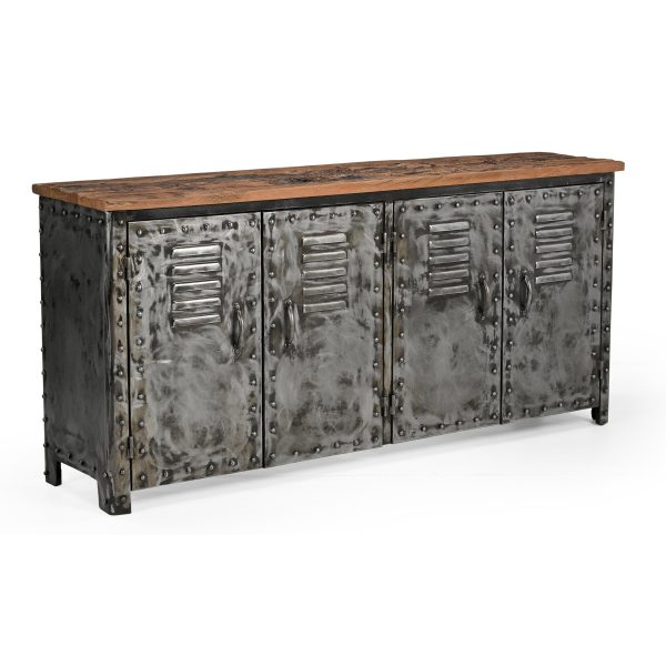 VINTAGE IRON LOCKER SIDEBOARD WITH RECLAIMED RAILWAY SLEEPER WOOD Online now