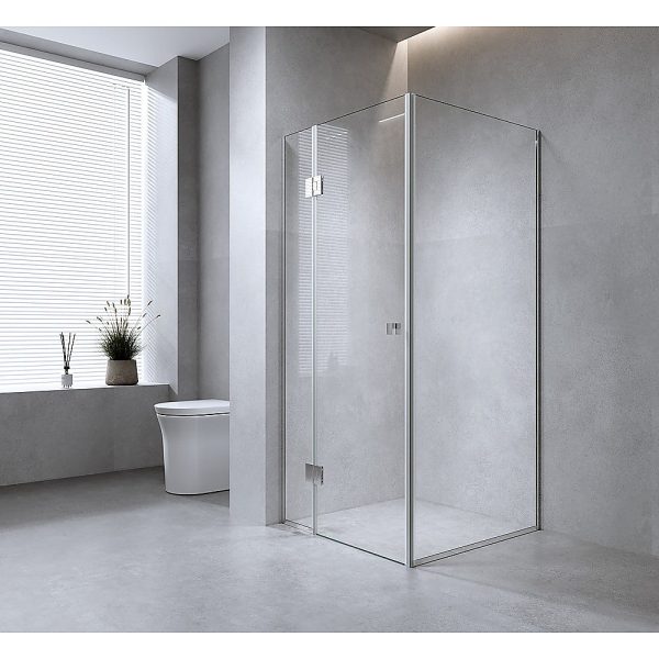 90x70cm Corner Frameless Shower Screen with White Channel and SS Hinges, Square Knob Handle For Sale