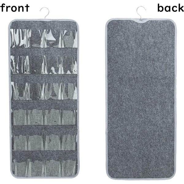 Grey Hanging Felt Shoe Organizer with 24 Clear Pockets - Anti-Rust Metal Hanger Included, Perfect for Shoes, Toys, and Accessories Supply