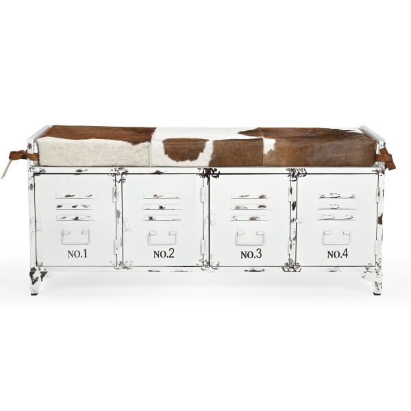 COWHIDE IRON LOCKER BENCH For Sale