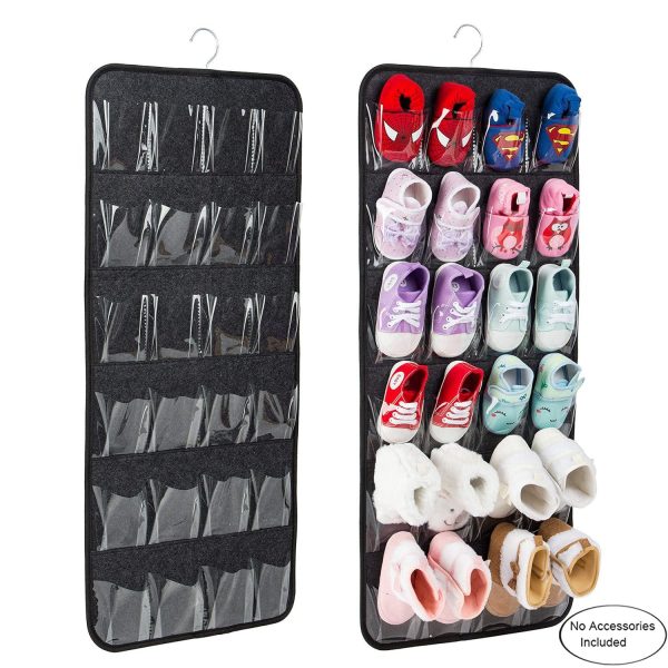 Grey Hanging Felt Shoe Organizer with 24 Clear Pockets - Anti-Rust Metal Hanger Included, Perfect for Shoes, Toys, and Accessories Supply