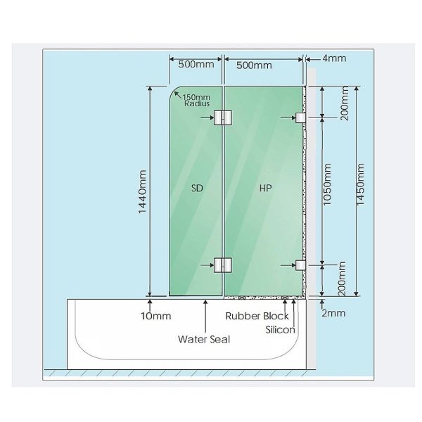 100cm Frameless Glass Bath Screen with Channel and Brass Hinges - Nickel Fashion