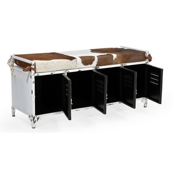 COWHIDE IRON LOCKER BENCH For Sale