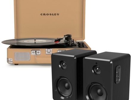 Crosley Cruiser Bluetooth Portable Turntable - Light Tan + Bundled Majority D40 Bluetooth Speakers - Black Fashion