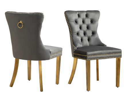 Set of 2 -Alsea Dark Grey Velvet & Gold Polished Steel Dining Chairs Upholstered Tufted Stud Trim and Ring Online now