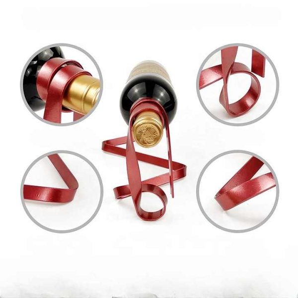 Red Modern Ribbon Wine Bottle Holder - Creative Floating Wine Rack for Home and Bar Décor Fashion