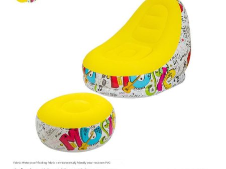 Yellow Graffiti Portable Inflatable Sofa Chair with Ottoman - Waterproof Flocked Lazy Sofa for Camping and Home Use Sale