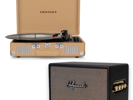 Crosley Cruiser Bluetooth Portable Turntable - Light Tan + Bundled HolySmoke Bluetooth Retro Speaker - Black For Cheap