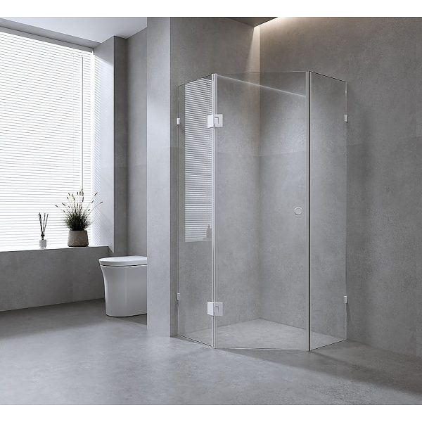 90cm Frameless Diamond Shower Screen with Chrome Brackets and SS Hinges, Round Handle For Sale