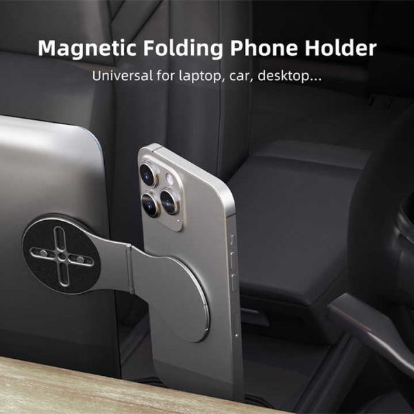 Black Magnetic Foldable Phone Stand – Universal Aluminum Alloy Desktop & Tesla Car Mount, Compact and Lightweight Design Hot on Sale