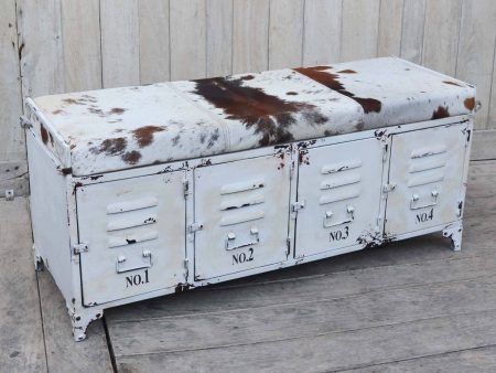 COWHIDE IRON LOCKER BENCH For Sale