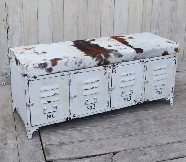 COWHIDE IRON LOCKER BENCH For Sale