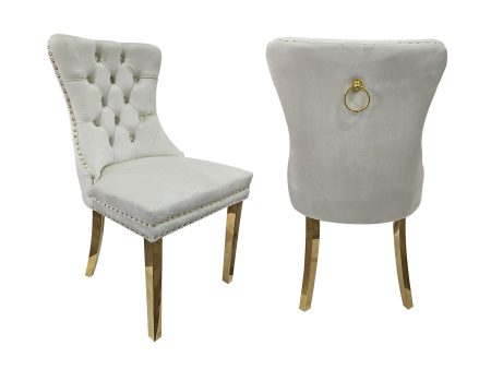 Set of 2 -Alsea Beige Velvet & Gold Polished Steel Dining Chairs Upholstered Tufted Stud Trim and Ring Online Hot Sale