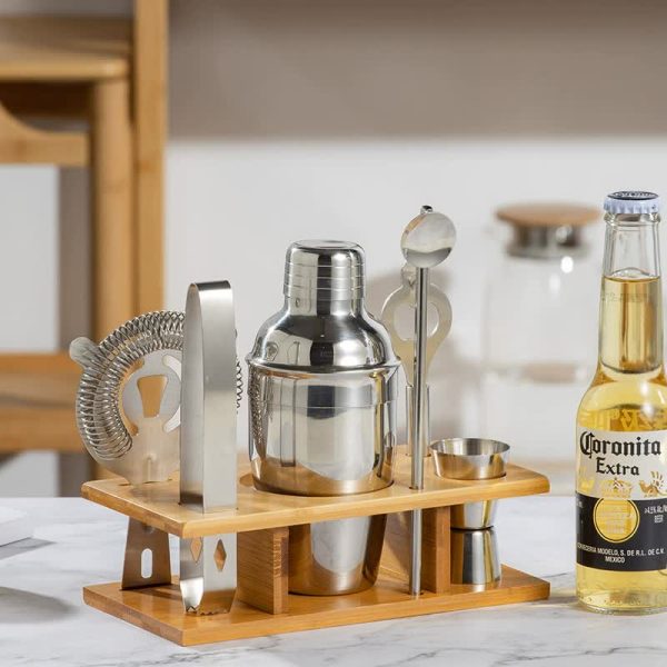 350ML 7-Piece Stainless Steel Cocktail Shaker Set with Bamboo Stand - Bartender Kit Fashion