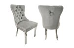 Set of 2 -Alsea Light Grey Velvet & Silver Polished Steel Dining Chairs Upholstered Tufted Stud Trim and Ring For Cheap