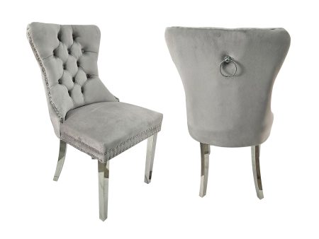 Set of 2 -Alsea Light Grey Velvet & Silver Polished Steel Dining Chairs Upholstered Tufted Stud Trim and Ring For Cheap