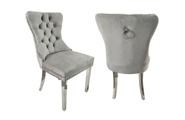 Set of 2 -Alsea Light Grey Velvet & Silver Polished Steel Dining Chairs Upholstered Tufted Stud Trim and Ring For Cheap