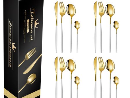 White And Gold Patchwork Colours 410 Stainless Steel 16-Piece Flatware Set - Elegant Dinnerware with Knife, Fork, Spoon for 4 People on Sale